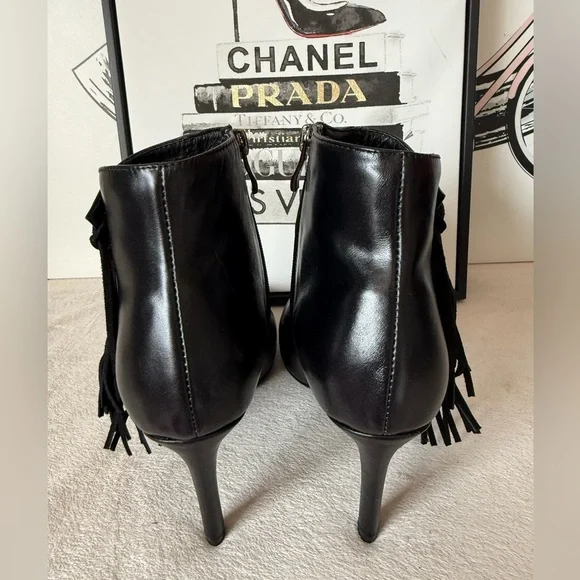 New Black Leather Fringe Pointed Toe Stiletto Heel Boots with Zipper - Picture 8 of 13